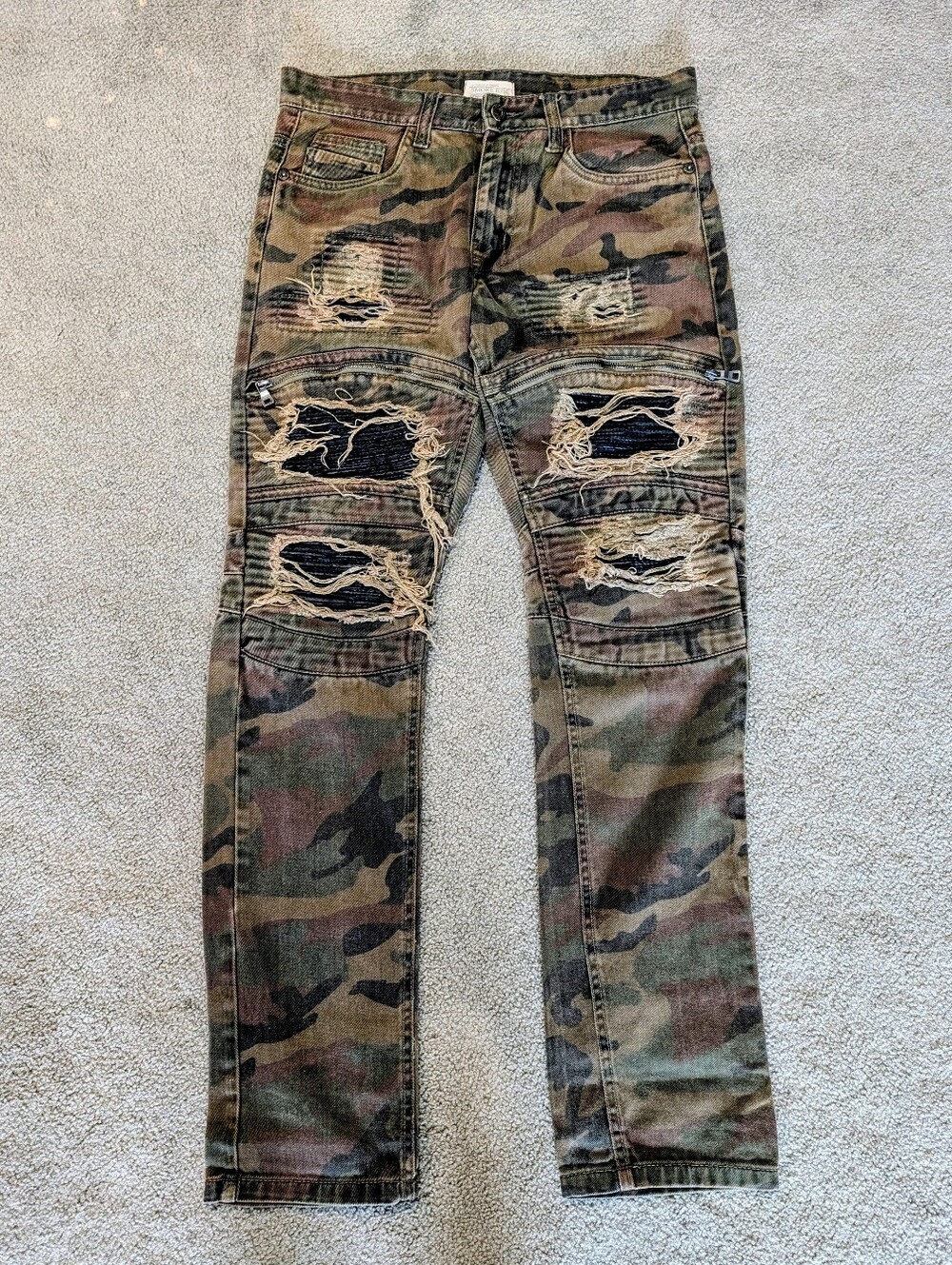 Smoke Rise Green Camo Distressed Moto Biker Ripped Zippers Jeans Mens 34X32